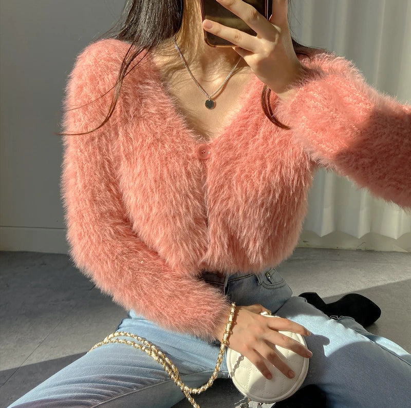 Autumn Winter New Sweet Chic Short Cardigan V-neck Soft Fluffy Sweater Coat Woman Cropped Cardigan Long Sleeve Top Y2k Clothes