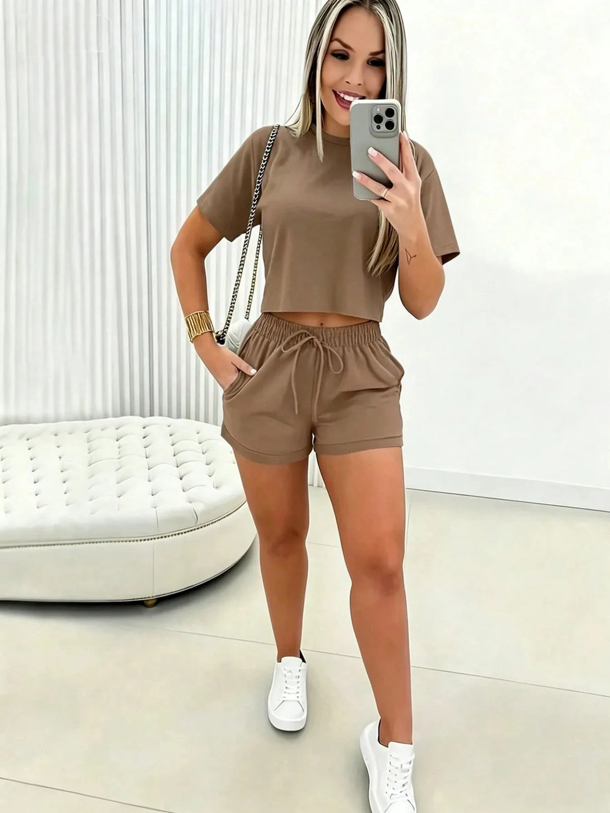 2026 Women's Short-Sleeve Set Brazilian Print T-Shirt Set Crew Neck Retro Streetwear Trendy Clothing Crop Top Sports Set