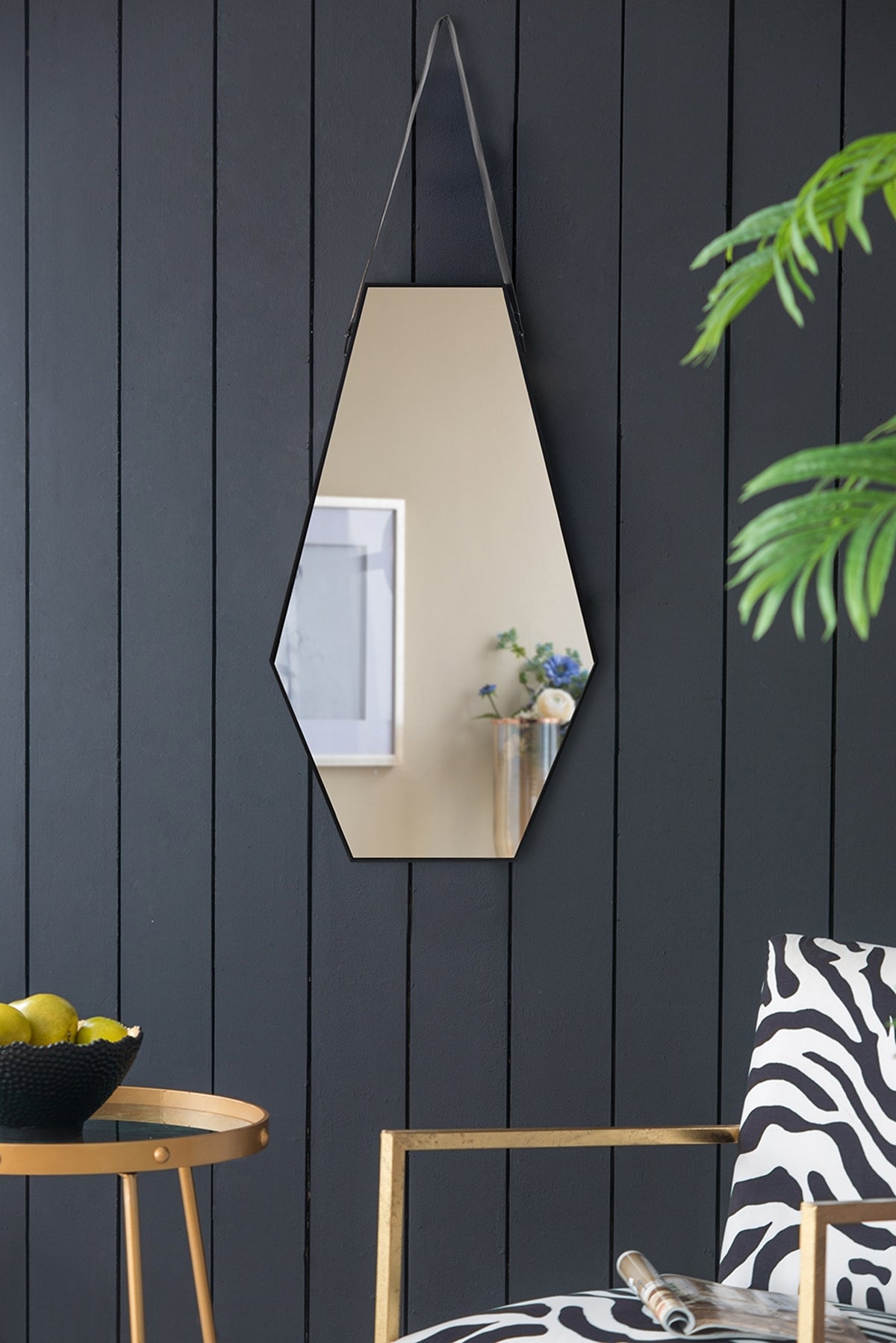 Black & Silver Hexagon Wall Mirror with Leather Hanging Strap, 18 ×