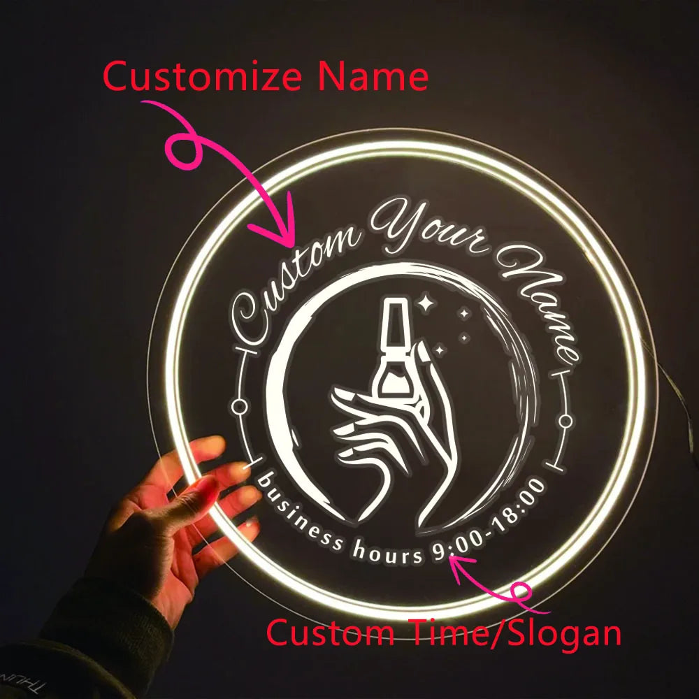 1PC Round Shape Nail Art Theme Personalized Text USB Power Neon Led Sign Acrylic Light for Beauty Salon Decor for Wall Gift for