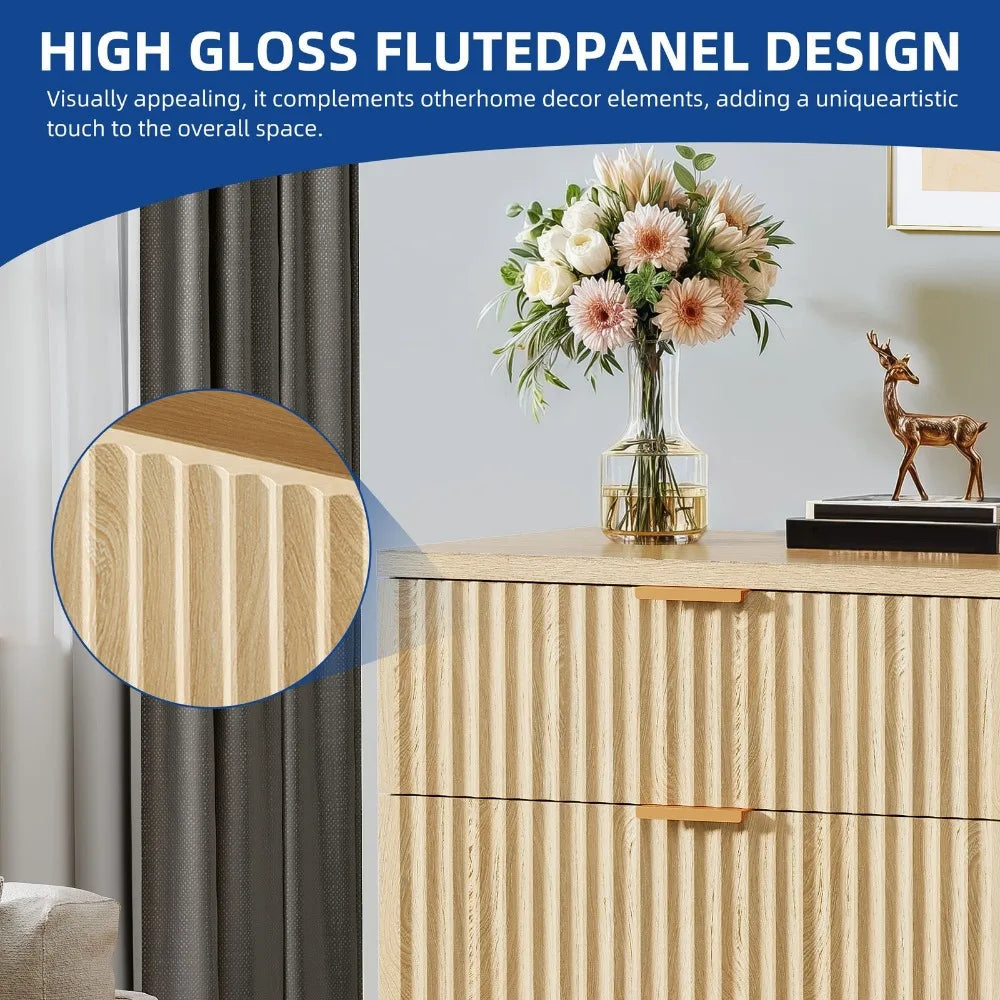 Oak 6 Drawer Dressers with Fluted Pane TV Stand Drawer Cabinet for Living Room