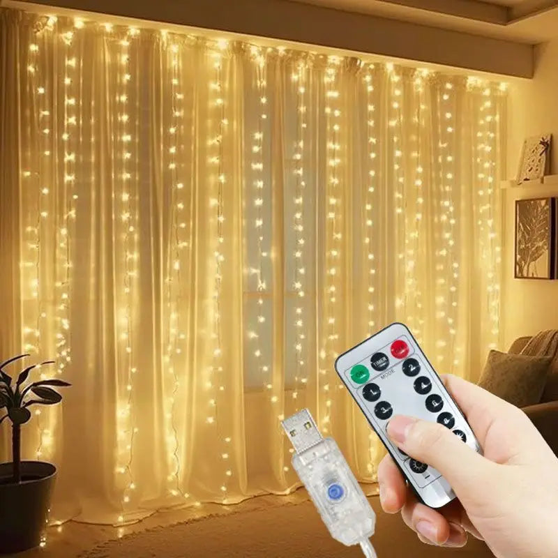 USB Plug Curtain LED Light String 8 Modes Remote Control Bedroom Wedding Party New Year Christmas Valentine's Day Decoration