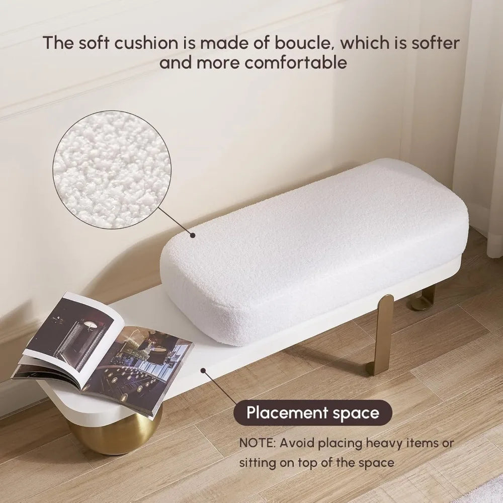 Entryway Bench, Wooden Bench Boucle Upholstered Bench with Abstract Metal Leg for Entryway/Bedroom/Living Room