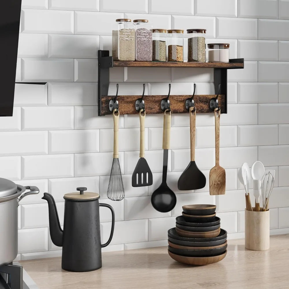 wall hooks with shelf, wood coat rack with shelf wall-mounted, entryway hanging shelves with 5 metal hooks for clothes hats towe