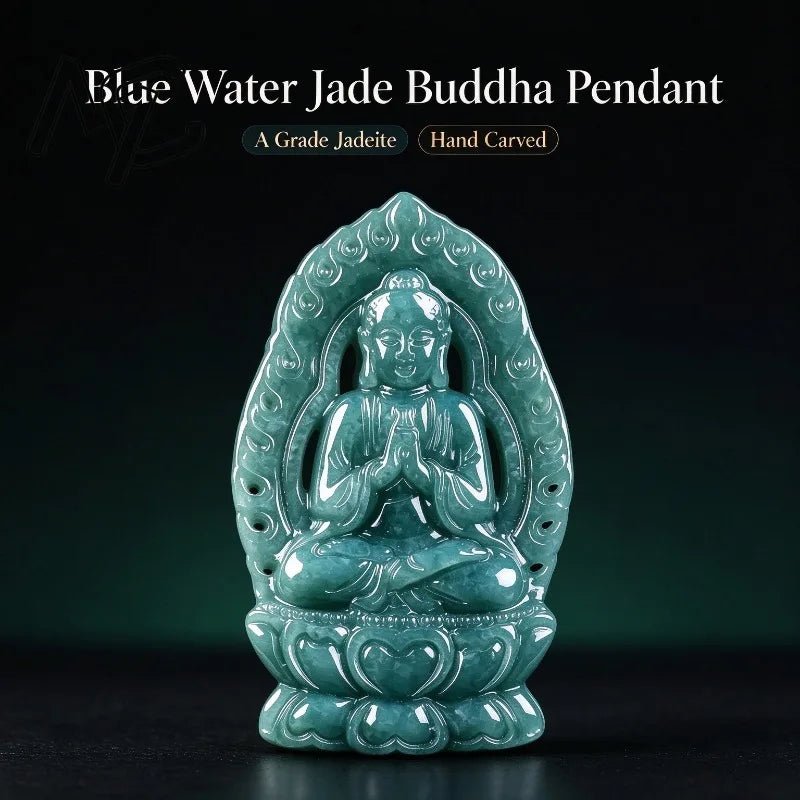 Natural A Grade Burmese Blue Water Jadeite Pendant Hand Carved Sakyamuni Buddha Amulet Jade Buddha Necklace Charm Jewelry Gift