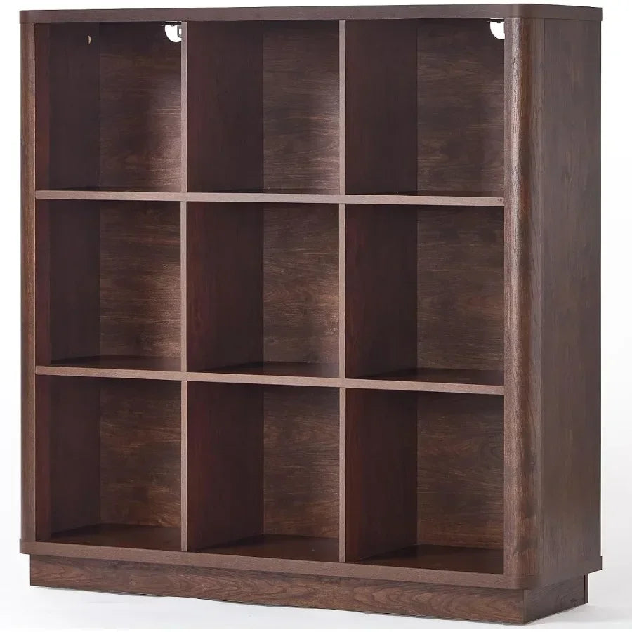Living room and home office bookshelf: walnut wood 9-cube organizer with curved edge, 40.5 wide floor-standing 3-tier cubby she