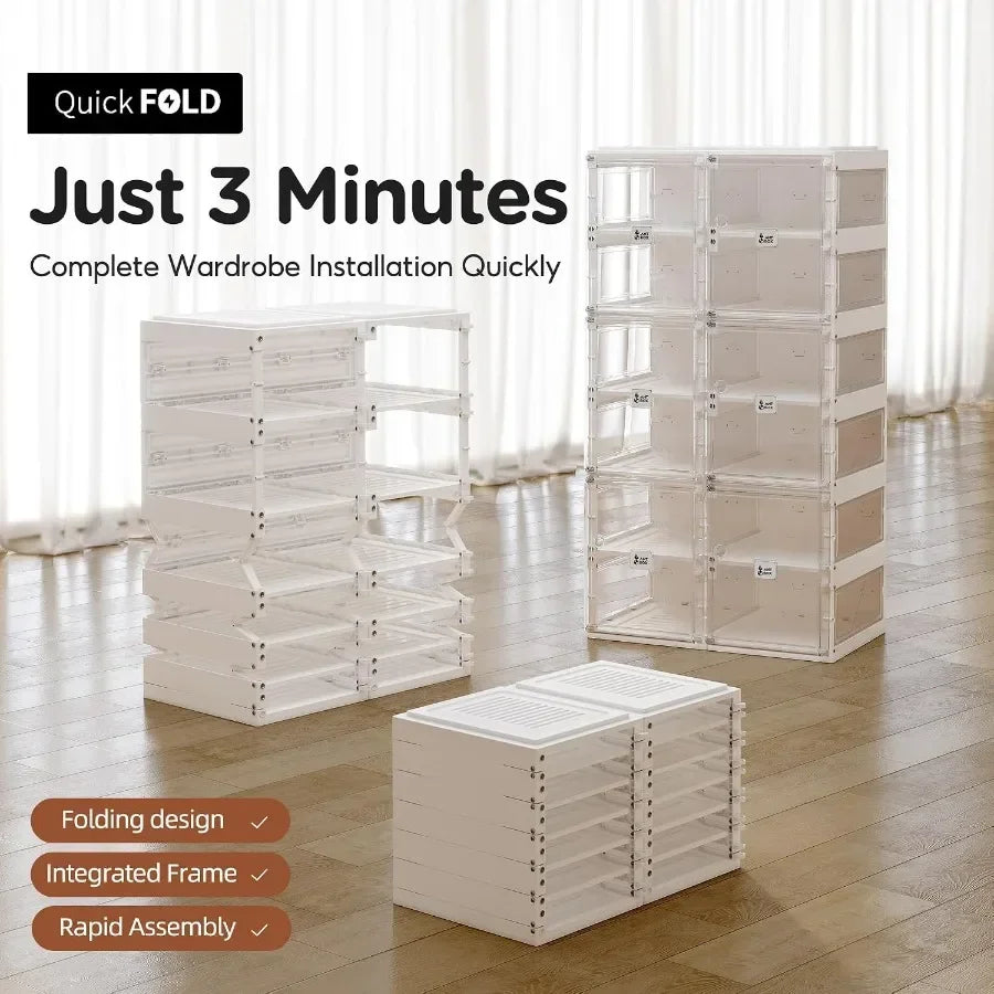 Foldable Shoe Rack for Closet: Plastic, Clear, Space-Saving Stackable Organizer with Magnetic Door, 8-Tier, 16-Pair Capacity