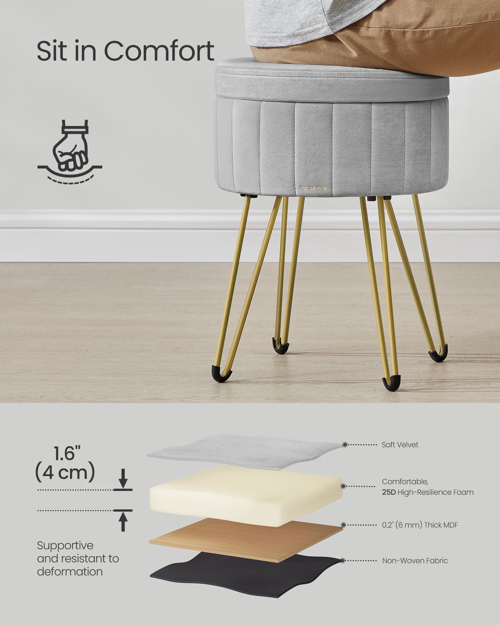 SONGMICS Vanity Stool Chair Velvet Makeup Stool With 4 Metal Legs For Room Living Room Bedroom Small Ottoman Stool With Storage