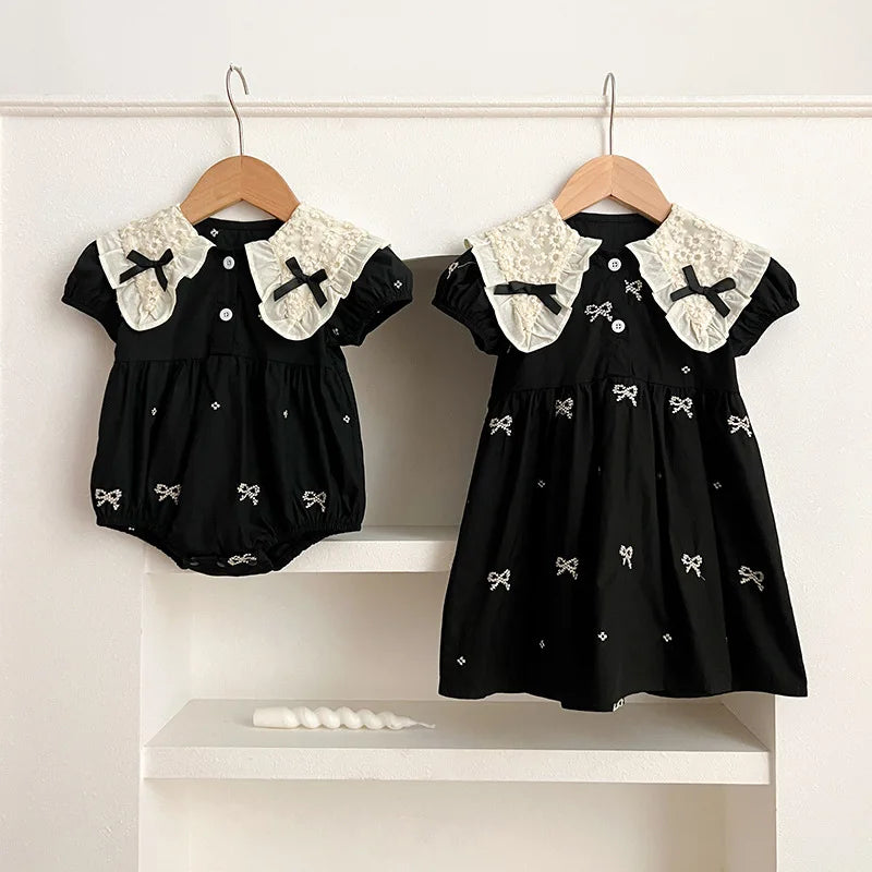 0-6Yrs Sister Matching Outfit Baby Romper Princess Dresses Newborn Clothes Short Sleeved Baby Girl Embroidered Dress Doll Collar