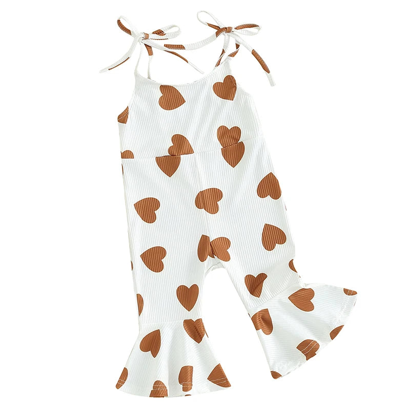 1-5Y Toddler Girls Valentine's Day Jumpsuit Heart Print Sleeveless Tie-Up Spaghetti Straps Bell-Bottoms Romper Overalls Clothes
