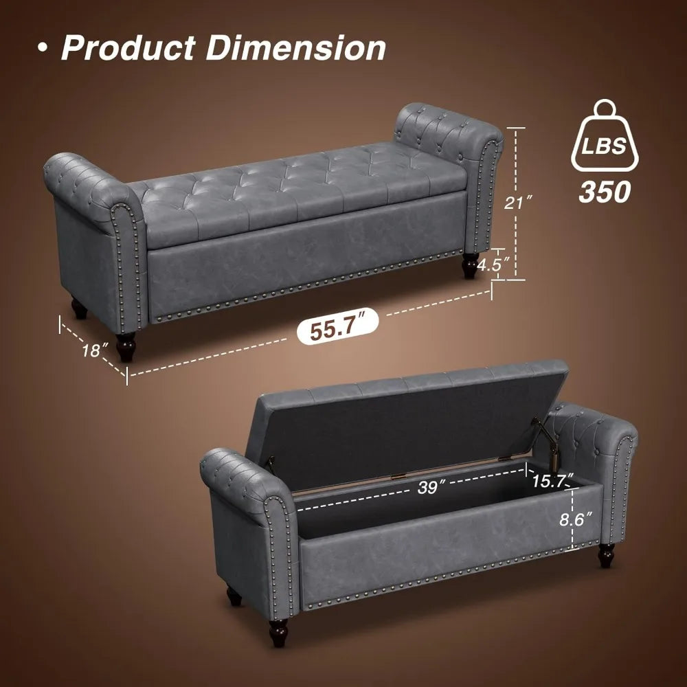 Bedroom Bench, End of Bed Bench with Storage, Bed Benches for Foot of Bed, Faux Leather Window Bench with Rolled