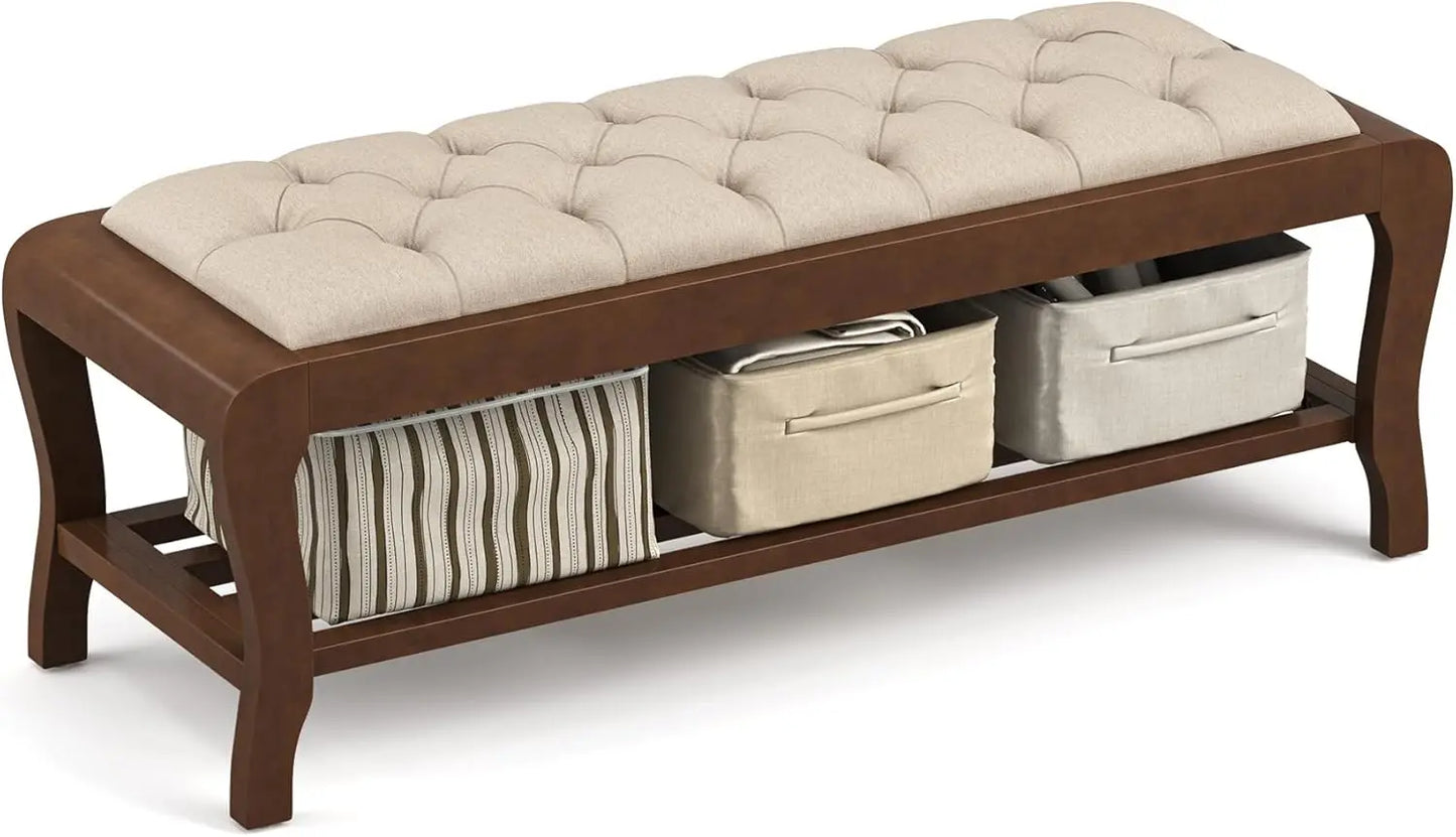 Bedroom Bench, 49" End of Bed Bench with Shelf, Upholstered Entryway Bench with Wooden Legs, Storage Ottoman Bench for Bedroom,