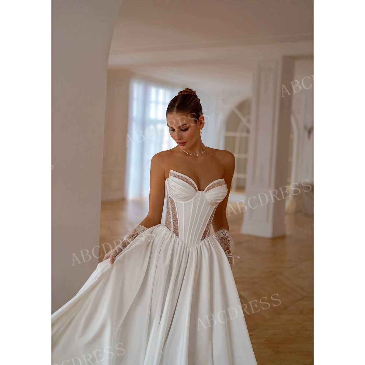 ABCDRESS Customized Elegant Strapless Ball Gown Corset Sleeveless Wedding Dresses Lace Details High Slit Bridal Dress