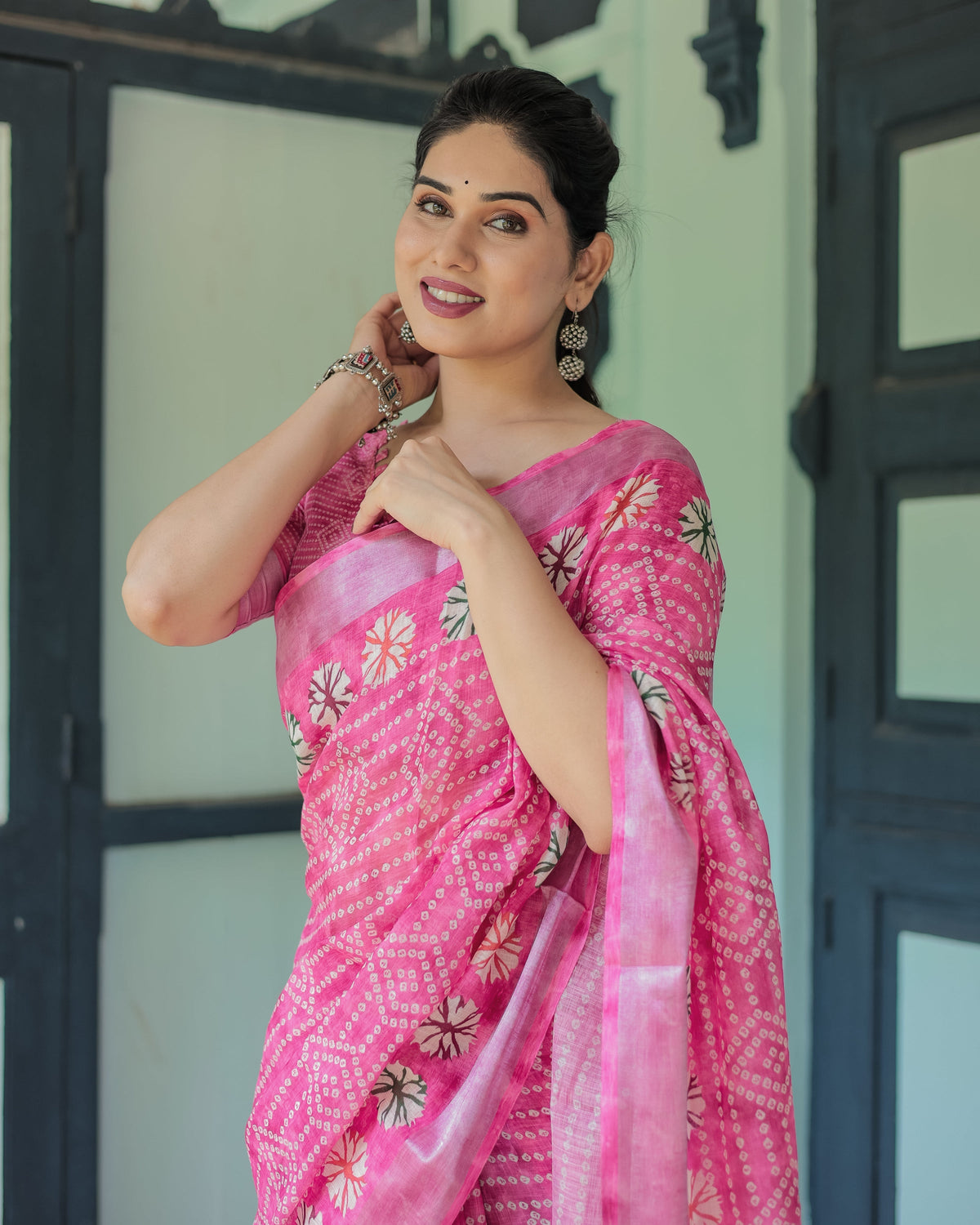 Fuchsia Pink Handcrafted Cotton Linen Saree with Geometric Print and