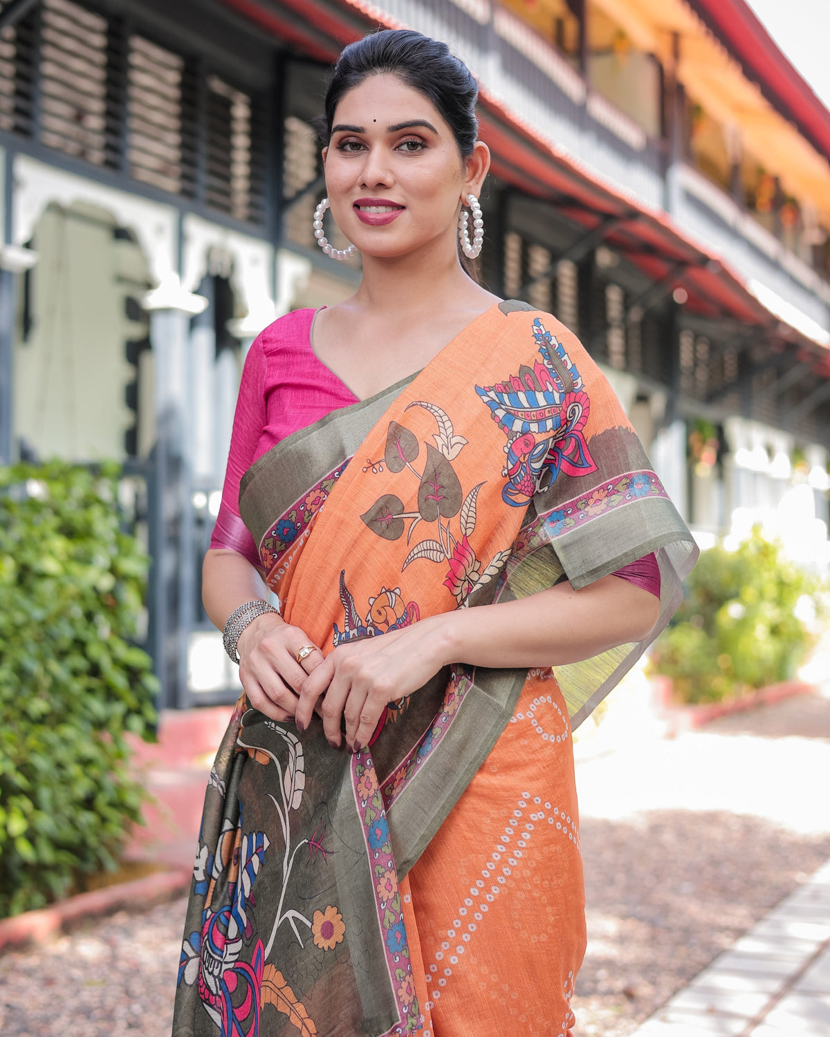 Orange and Olive Green Kalamkari Design Pure Cotton Linen Saree with