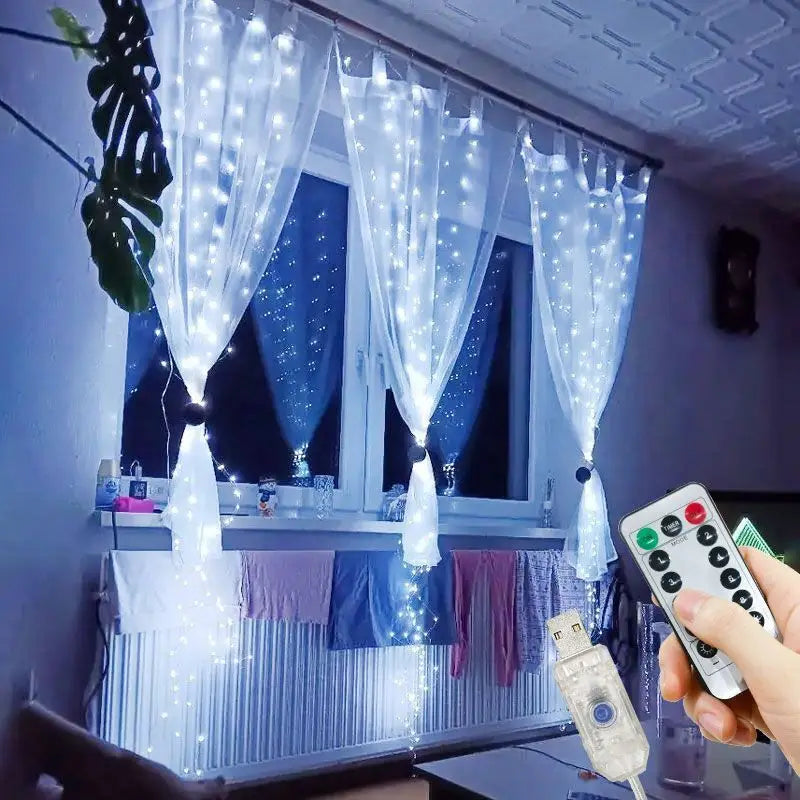 USB Plug Curtain LED Light String 8 Modes Remote Control Bedroom Wedding Party New Year Christmas Valentine's Day Decoration