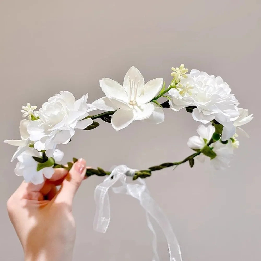 Fascinating Y2k Artificial Flower Fairy Flower Crown with Ribbon Headpiece Flower Headbands Bride Wedding Braided Wreath Women