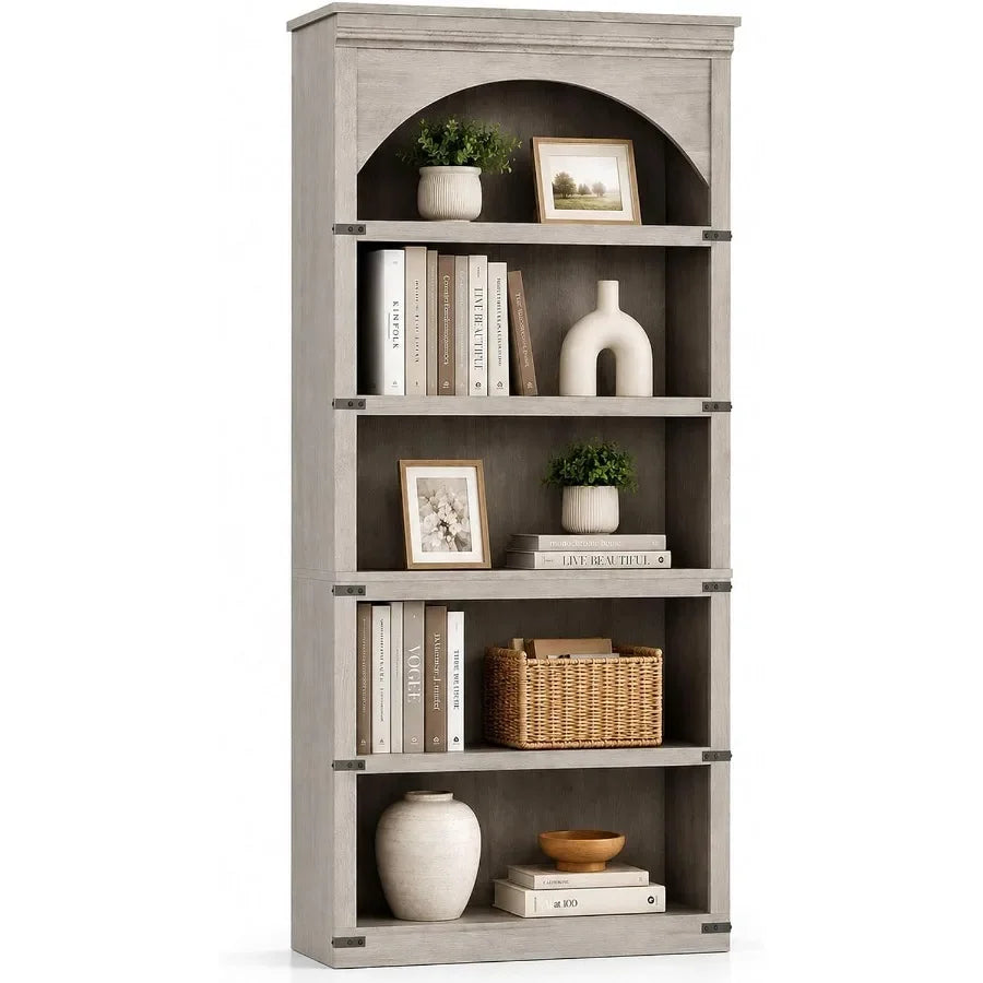 68.7 Tall Farmhouse Arched Bookcase, 5-Tier Vintage Wood Bookshelf, Rustic Arch Display Storage Cabinet for Living Room, Home O