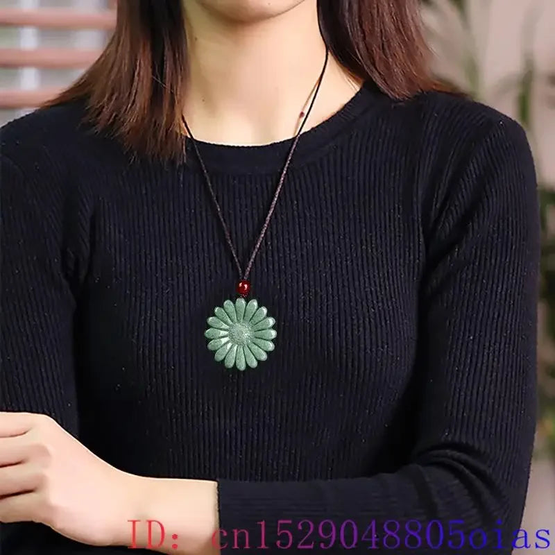 Green Jadeite Sunflower Pendant Necklace Amulet Luxury Accessories Natural Burmese Jade Carved Men Stone Real Jewelry Choker