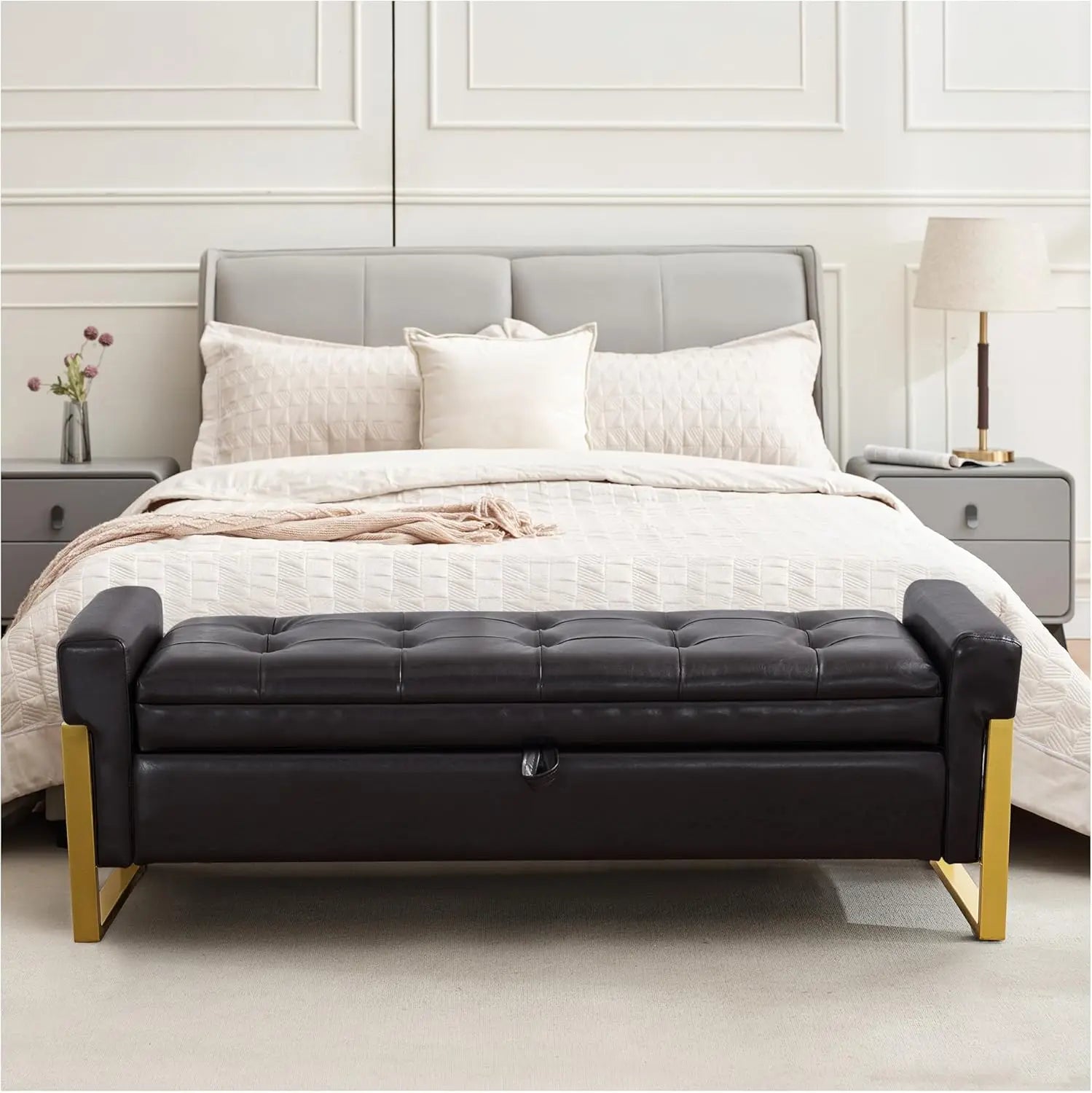 Storage Ottoman Bench, Upholstered PU Leather End of Bed Bench with Tufted Button&Gold Metal Legs for Bedroom