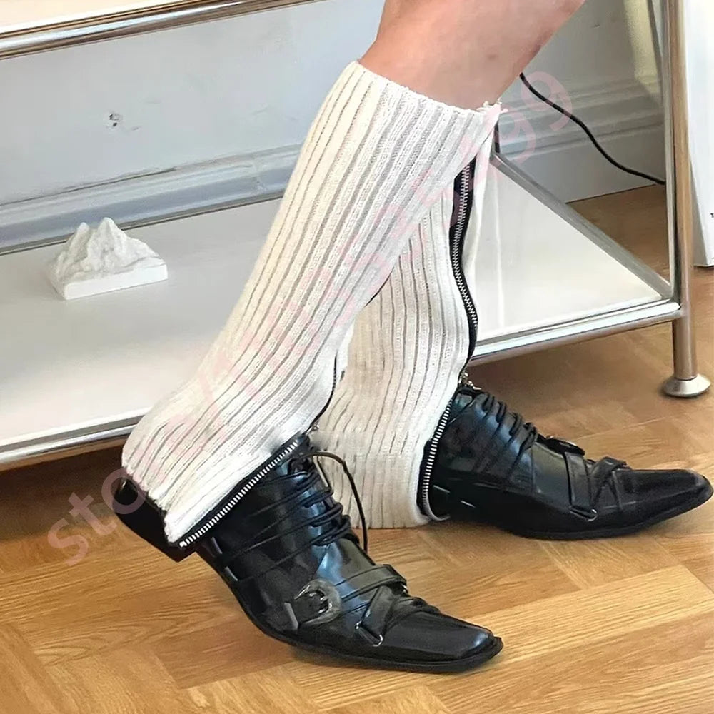 Black Pointed Toe Women's Thick Heel Leather Shoes 2025 Summer New Belt Buckle Pumps Street Fashion Y2K Party Casual Pumps