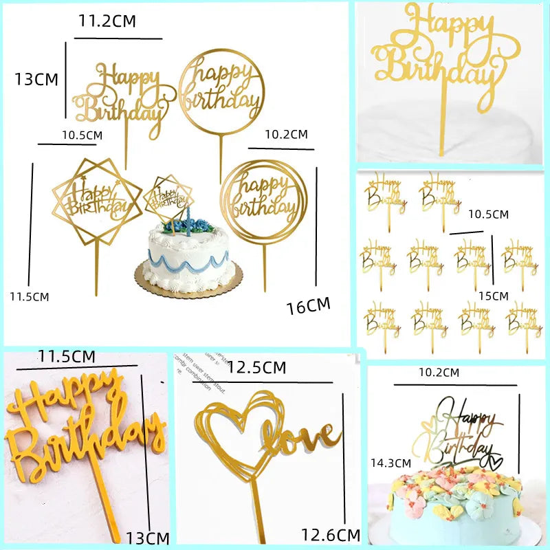 10 Pcs 36 Styles Happy Birthday Cake Topper Pink Gold Acrylic Cake Toppers Baby Shower Cake Birthday Party Cake Flag Decorations