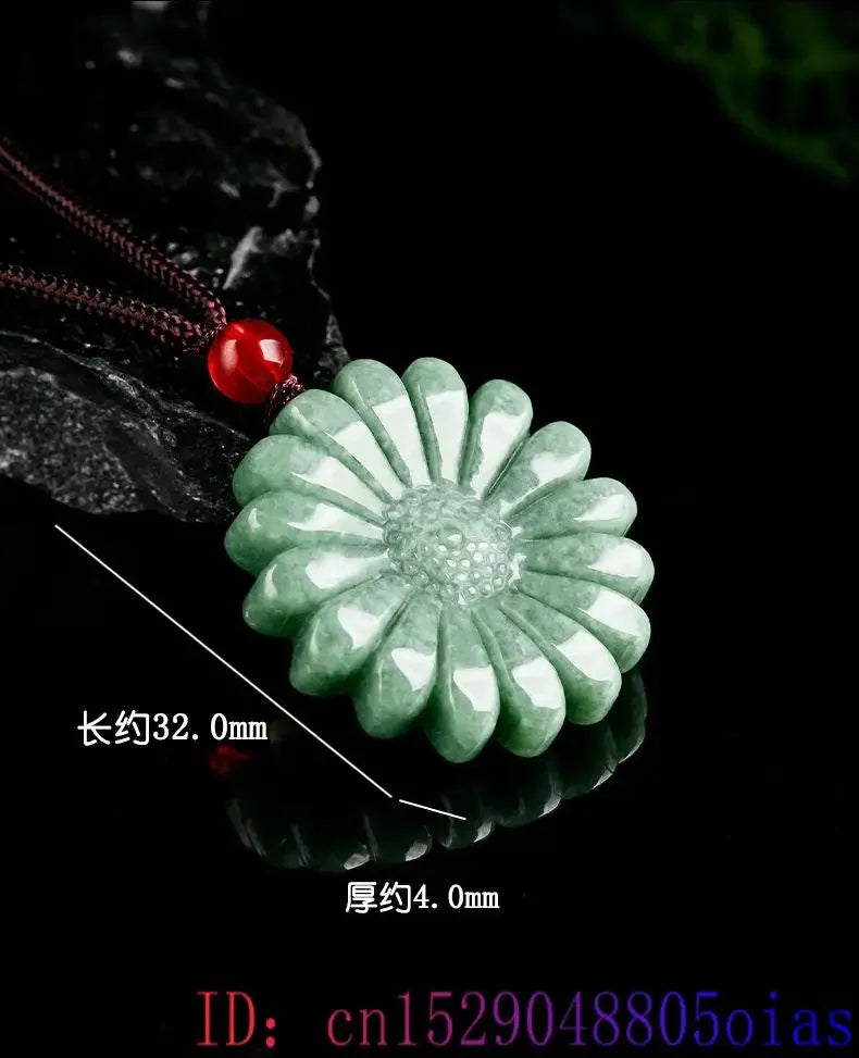 Green Jadeite Sunflower Pendant Necklace Amulet Luxury Accessories Natural Burmese Jade Carved Men Stone Real Jewelry Choker