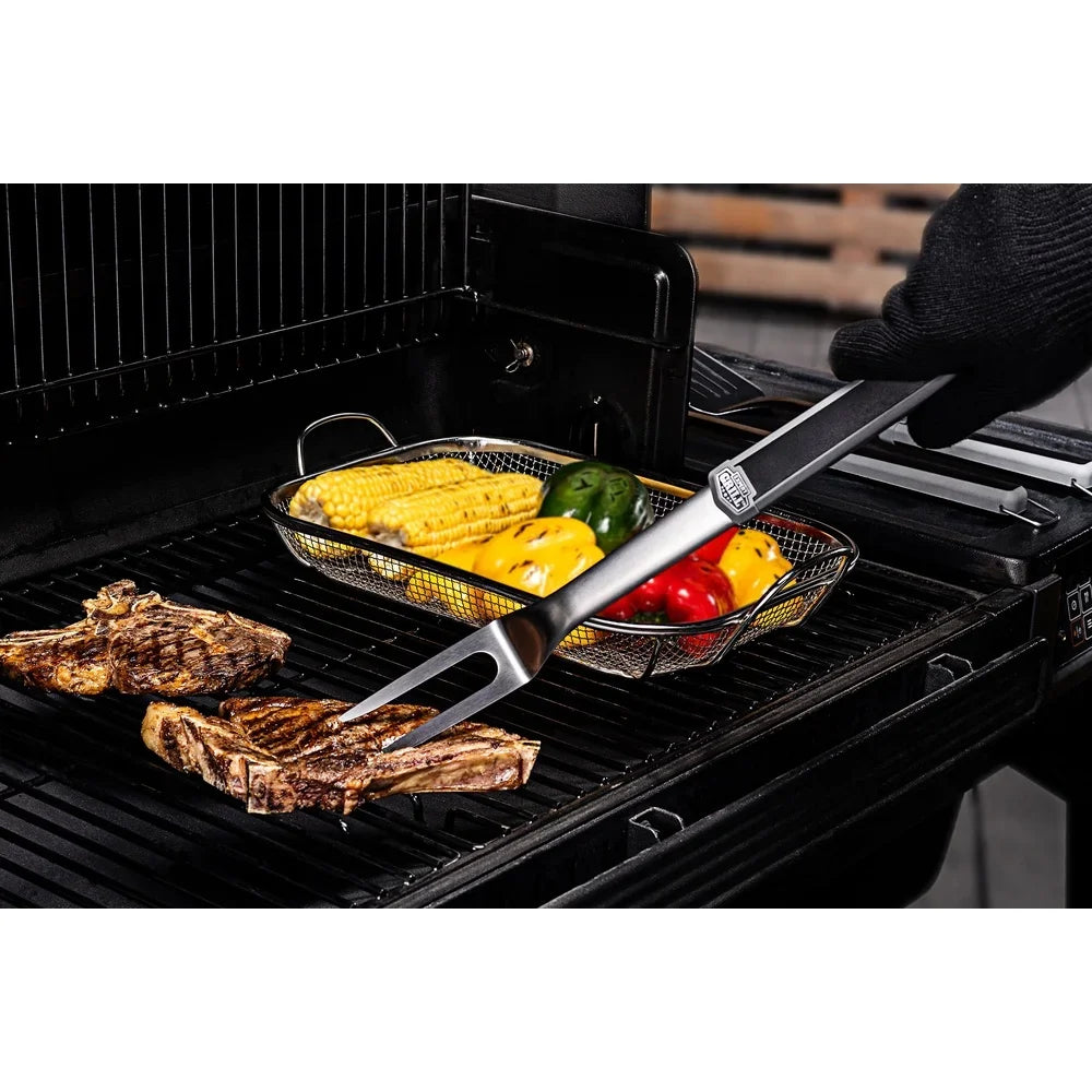 Stainless Steel Grilling Tools Set 4 Piece BBQ Set with Tongs Spatula Fork Basting Brush Ergonomic Handles Hooks Dishwasher Safe