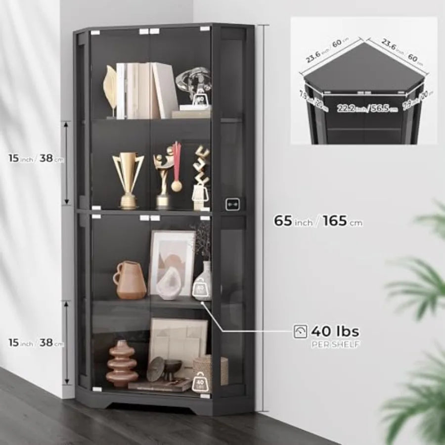 Lighted Corner Display Cabinet with Glass Doors for Collectibles