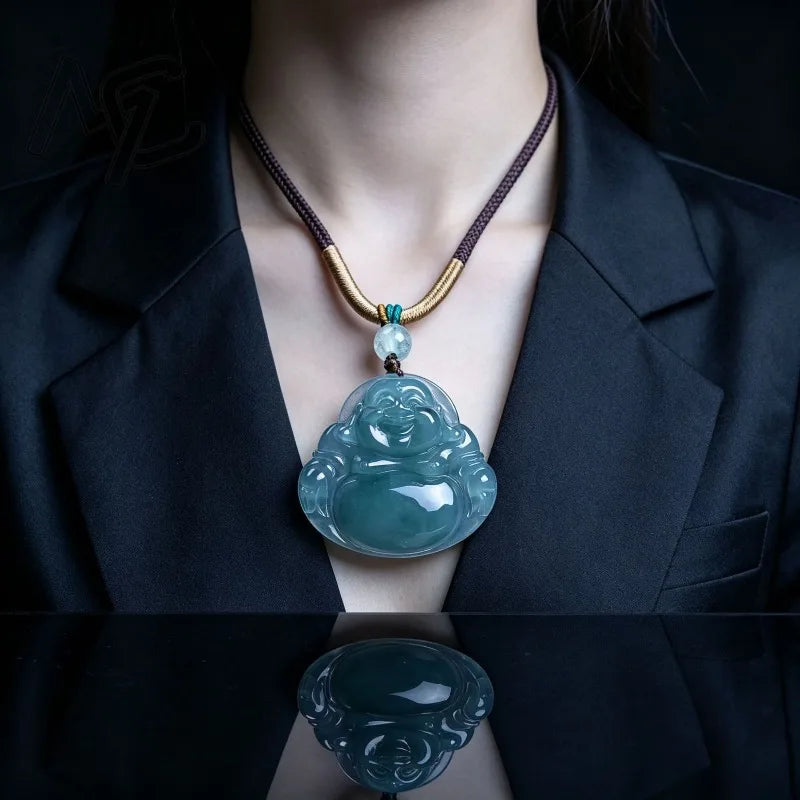Real Natural Emerald Jade Blue Water Buddha Pendant Jadeite Necklace Fashion Jewelry Charm Designer Lucky Gifts Certificate