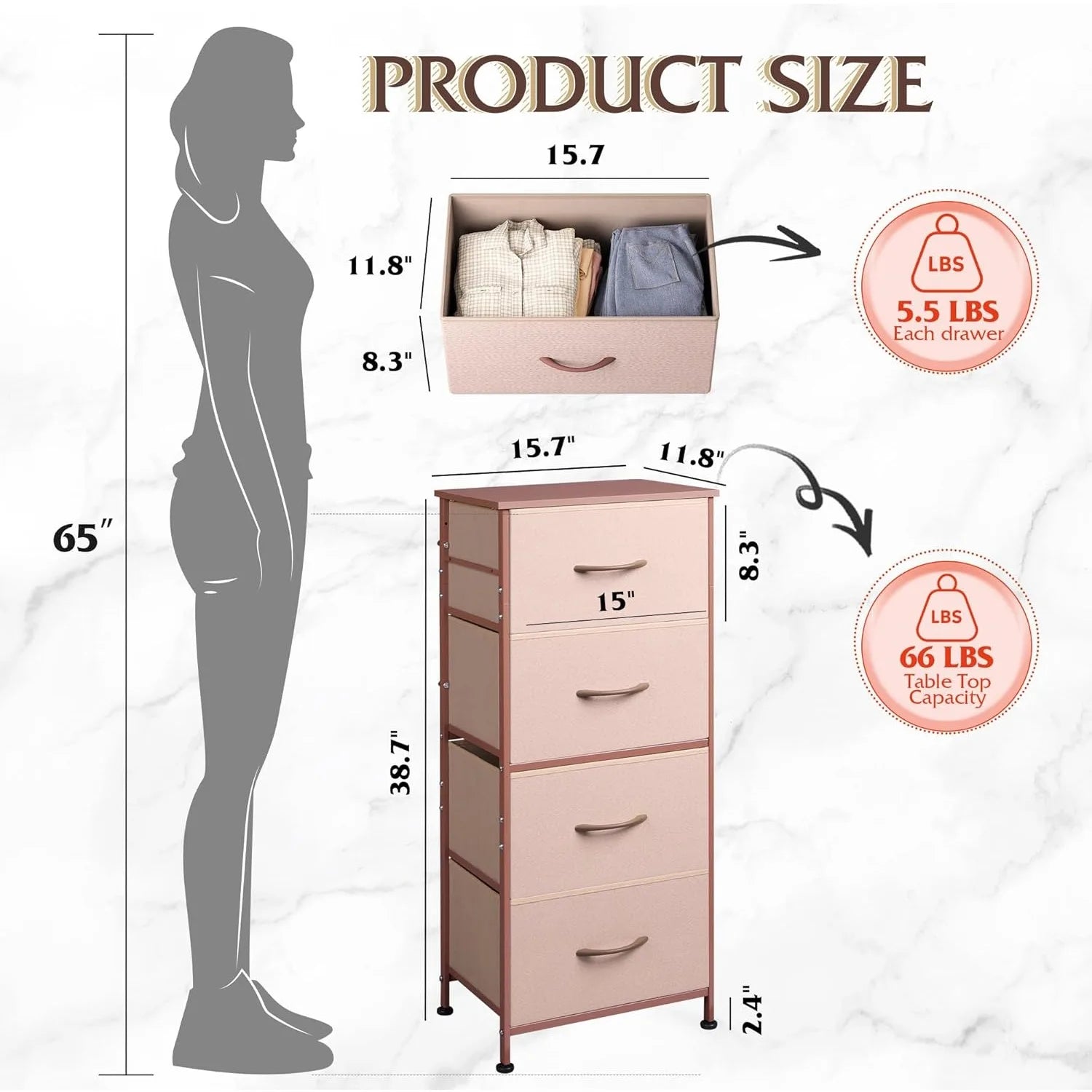 4 Drawers Dresser for Bedroom, Pink Rose Gold Fabric Clothes Storage Organizer Unit, Dresser for Hallway, Entryway,  Wood Top