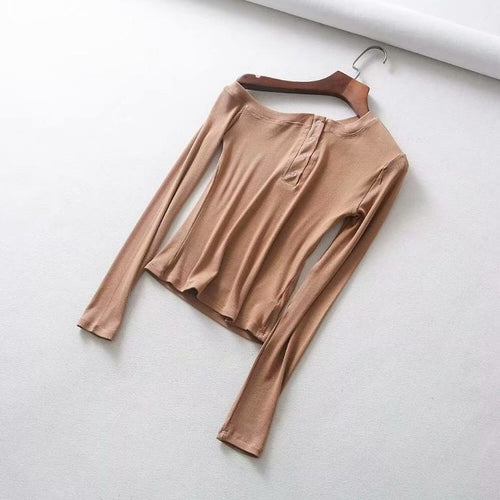 Off shoulder knitted top Women sexy long sleeve button