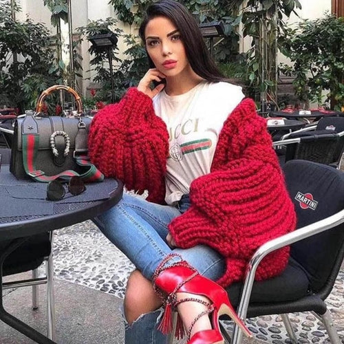 Long lantern sleeve black knitted cardigan Women loose sexy