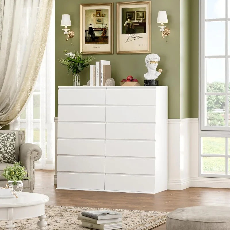 FOTOSOK White Dresser,6 Drawer Dresser,Modern Tall Floor Storage Cabinet Metal Sliding Rail,Wooden Handleless Drawer Cabinet