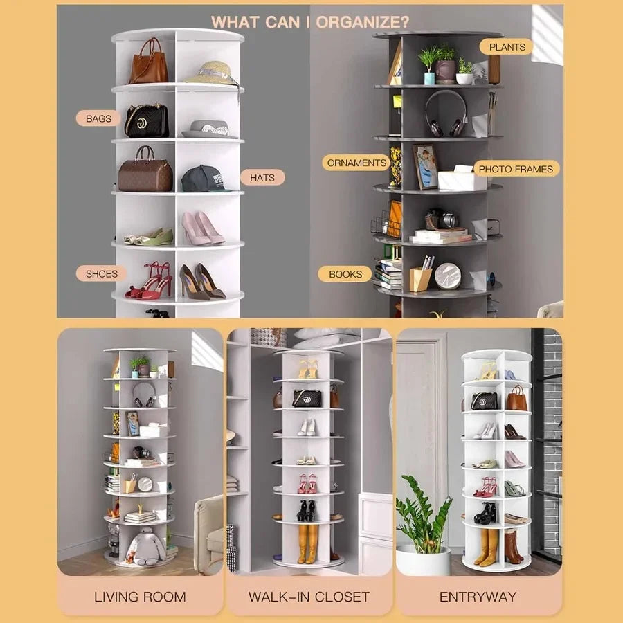 Entryway closet storage organizer: white rotating 7-tier shoe rack tower with 360 spin, made of durable plastic, space-saving a