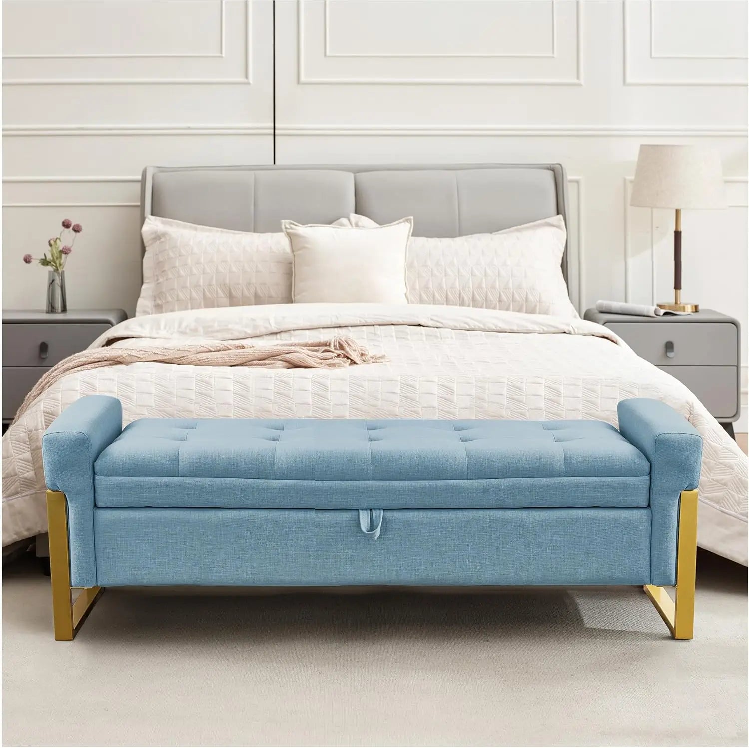 Storage Ottoman Bench, Upholstered PU Leather End of Bed Bench with Tufted Button&Gold Metal Legs for Bedroom