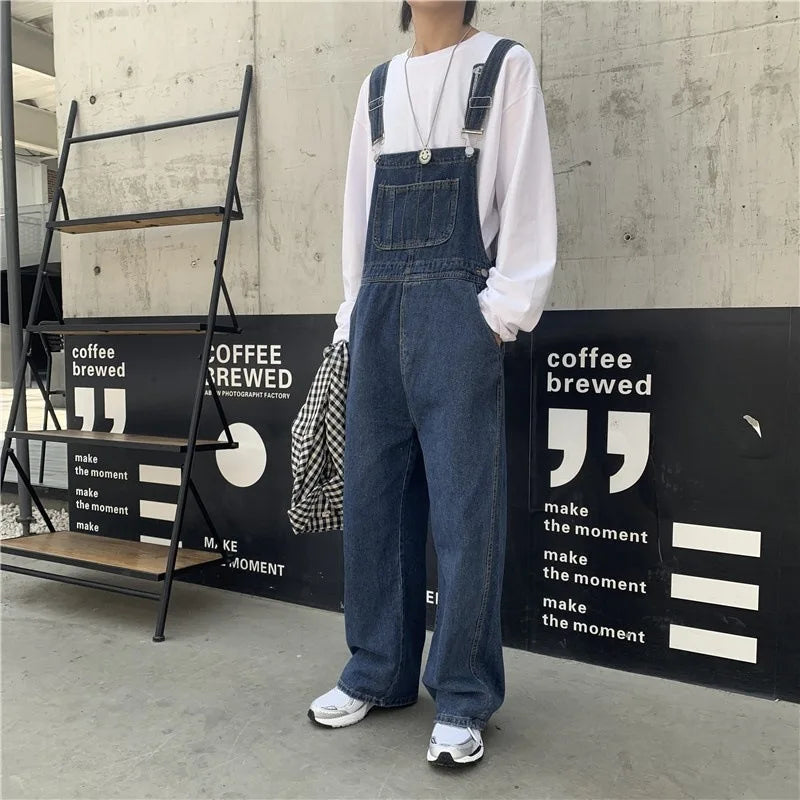 Men Denim Overalls Retro Japanese Style Loose Fit Straight Leg Adjustable Suspenders Casual Streetwear Pants for Everyday Wear