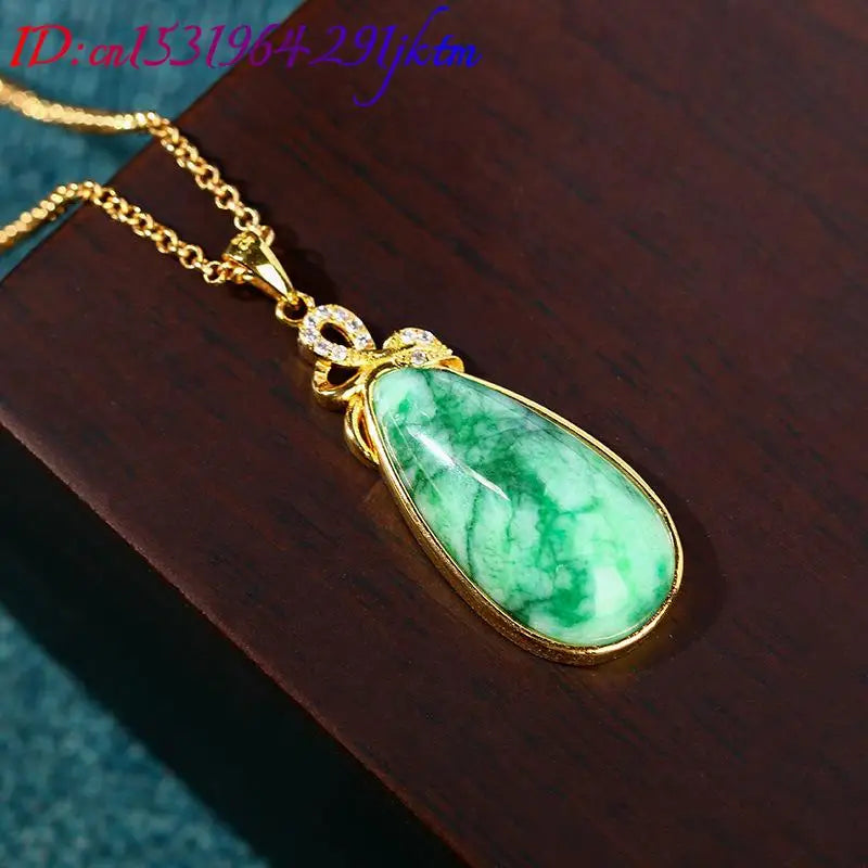 Natural Jade Water Drop Pendant Necklace Stone Carved Gemstone Real Jewelry Vintage Charm 18K Gold Plated Gifts for Women