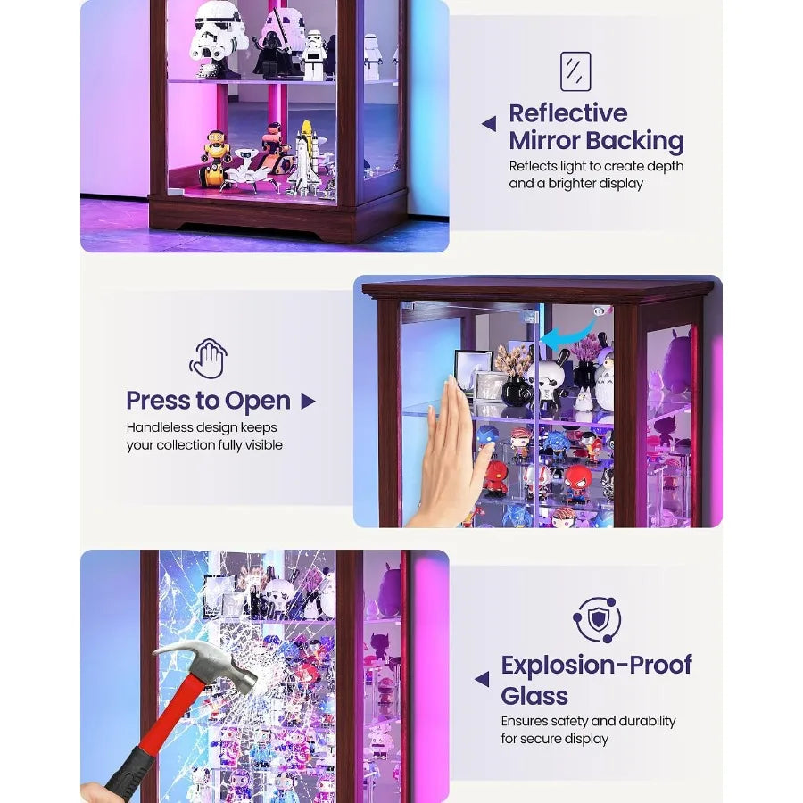 Display Cabinet with RGB Lights and Glass Doors for Collectibles: Tempered Glass, Black, Adjustable LED Lighting