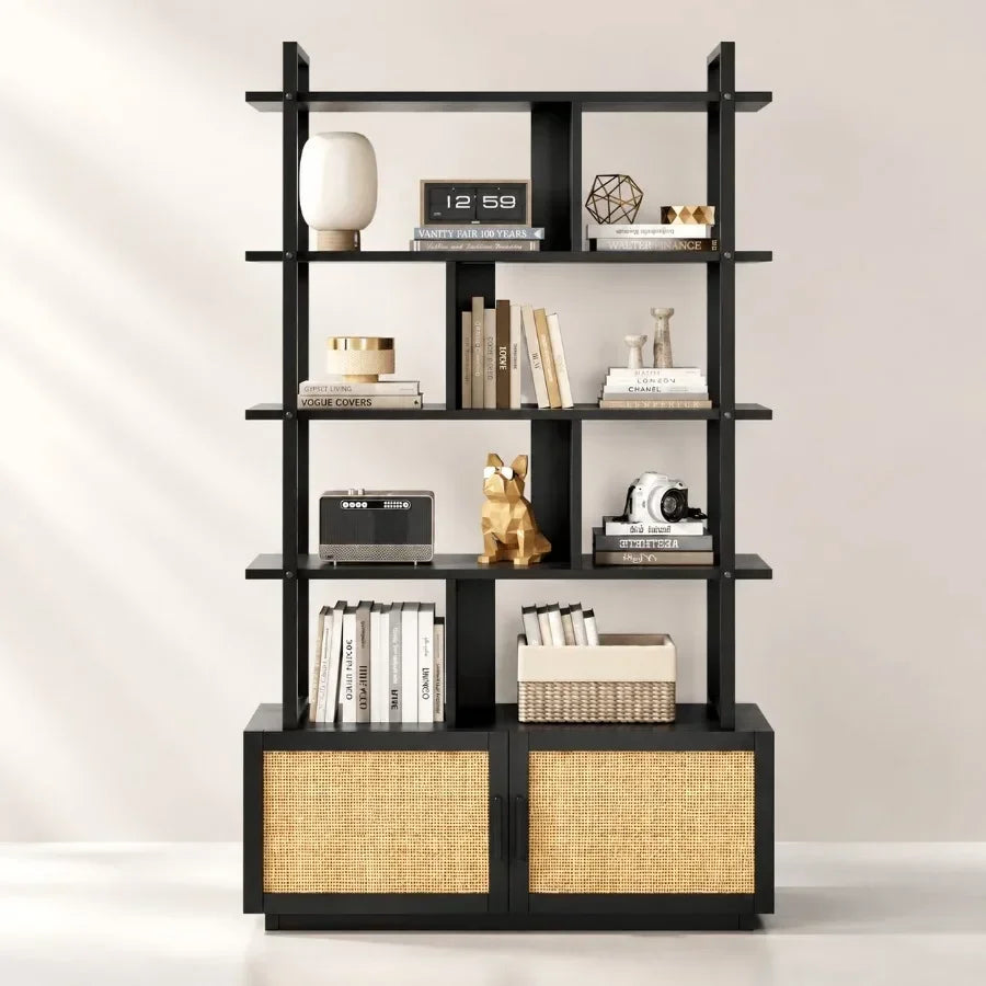 5-Tier Rattan Bookshelf with Storage Cabinet Door 71.1-Inch Tall Industrial Bookcase for Living Room Black Metal Frame Woven Ra