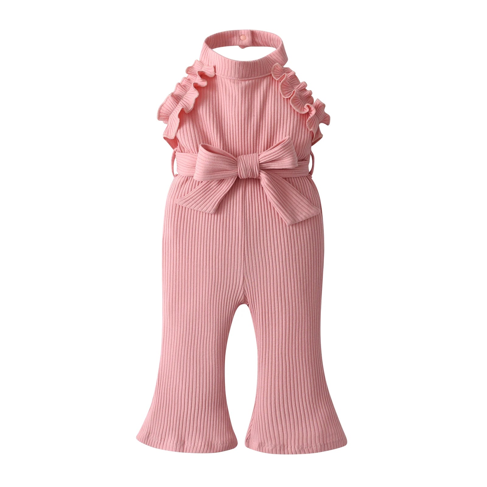 0-24Months Toddler Baby Girl Romper Summer Clothes Cute Ruffles Trim Hanging Neck Jumpsuits Playsuit Come with Belt