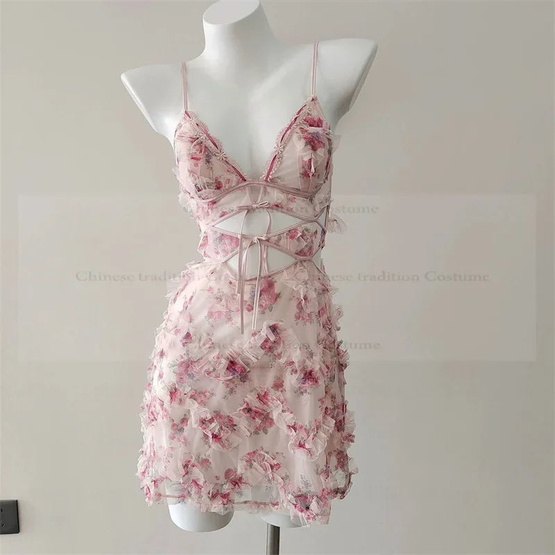 Sexy Spaghetti Strap Mini Homewear Women Sweet Floral Lingerie Hollow Out Lace Bandage Nightgown Sleepweawr Nightwear