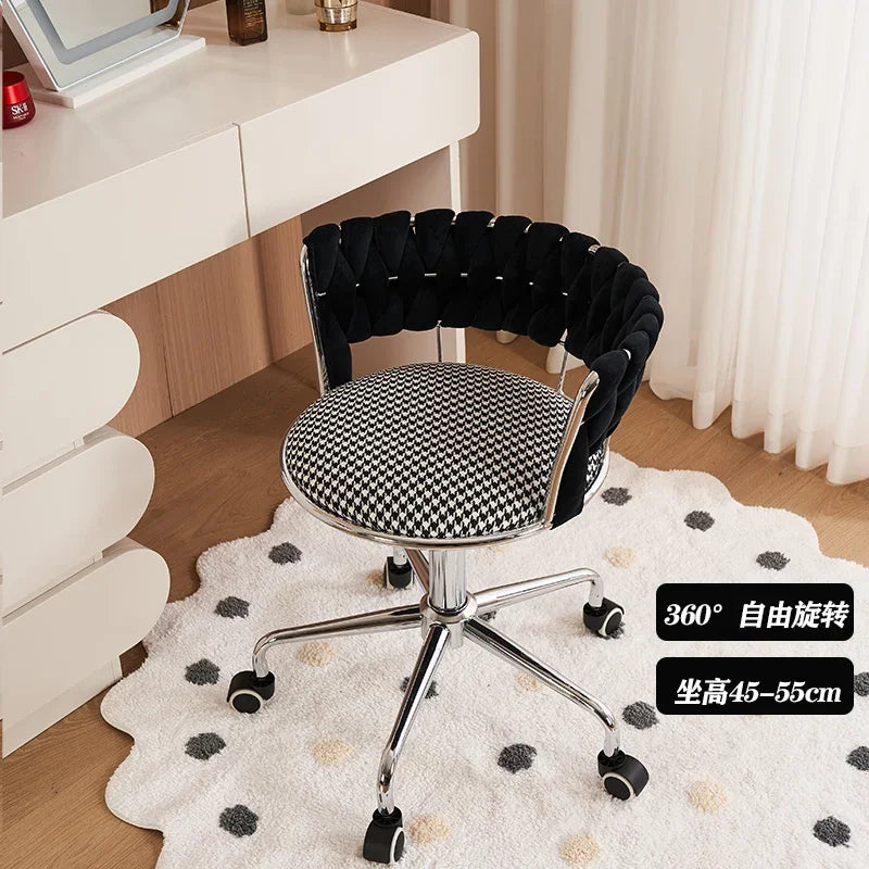 Nordic Makeup Chair With Woven Backrest, Houndstooth Pattern Seat For Bedroom,
