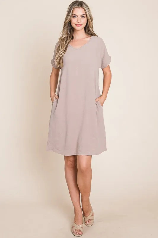 BOMBOM V-Neck Short Sleeve Dress with Pockets