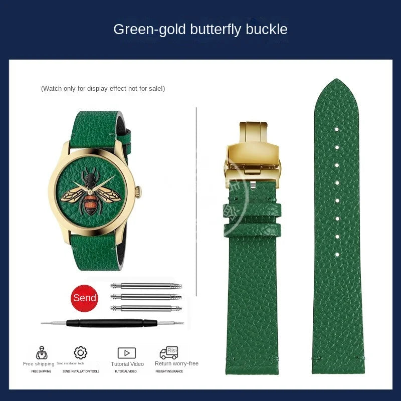 watch band For GUCCI YA1264065 Little Bee Embroidered Gucci Men's and Women's Green Genuine Lea/ther Watch Strap 20mm Bracelet
