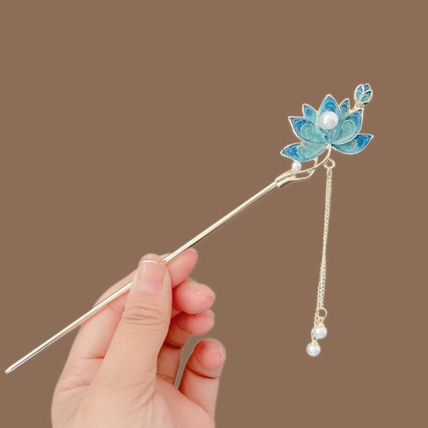 New Chinese Style Alloy Hair Sticks Forks Lotus Flower Decor Pearls Chain Pendant Hairpins Women Girls Hair Bun Maker Jewelry