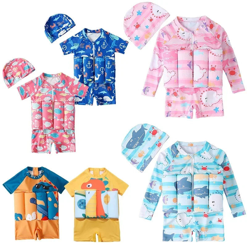 1-6T Children's Buoyancy Swimsuit Cartoon Swimwear Kid One-Piece Floating Rash Guards Bathing Clothes Boys Girls Swimming Suits