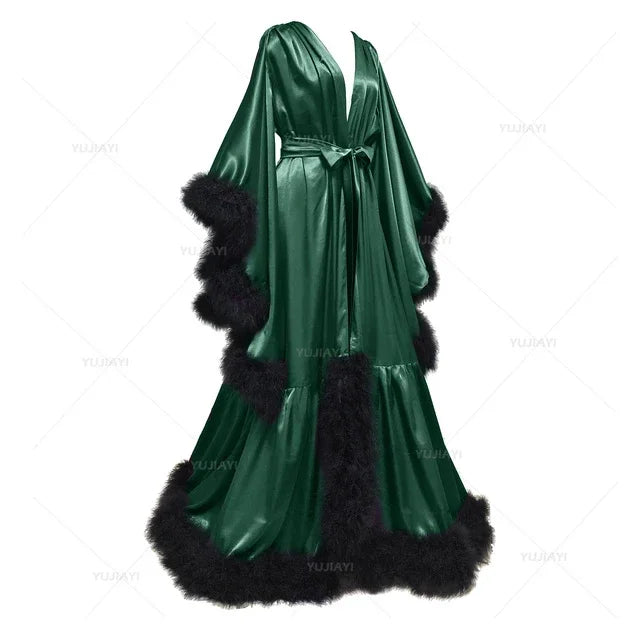 Customized Bathrobe for Women Flare Sleeves Feather Bridal Robe Nightgown Silk Long Wedding Scarf Dress Gown Photography Dress