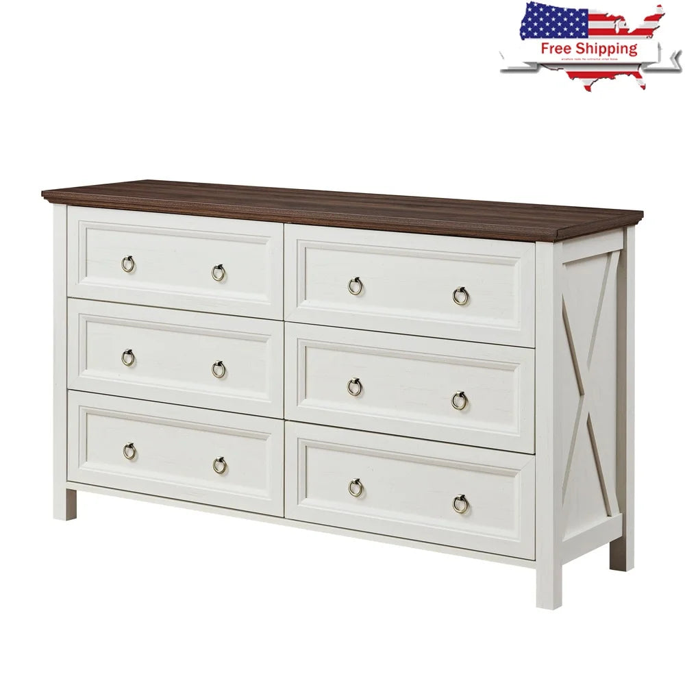 Farmhouse 6-Drawer Dresser Rustic Chest of Drawers Versatile Storage Living Room Bedroom Durable Stylish Design