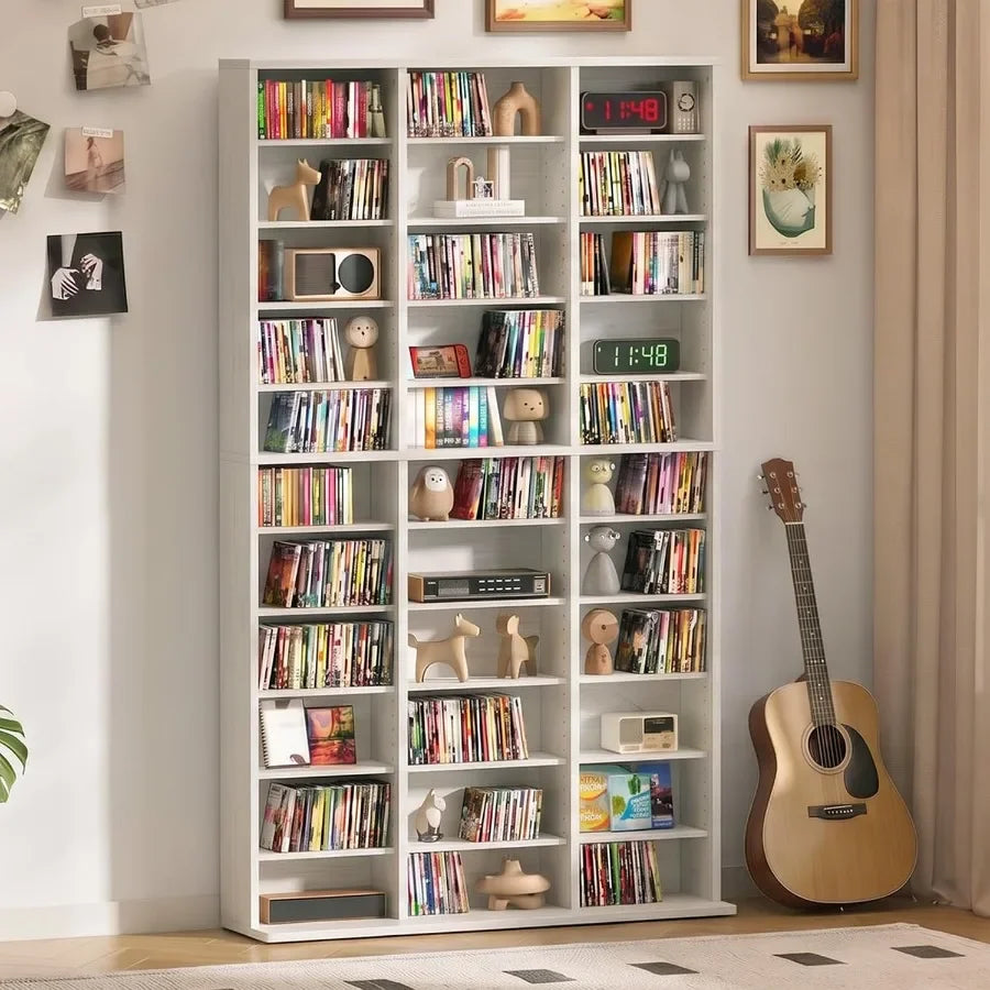 Tall Media Storage Cabinet Tower Bookcase for Living Room, MDF Wood, White, 7/9/11-Tier with 21/27/33 Compartments for Organize